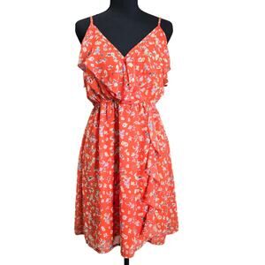 Ya Los Angeles Orange Floral Sleeveless Ruffled Dress Sz L